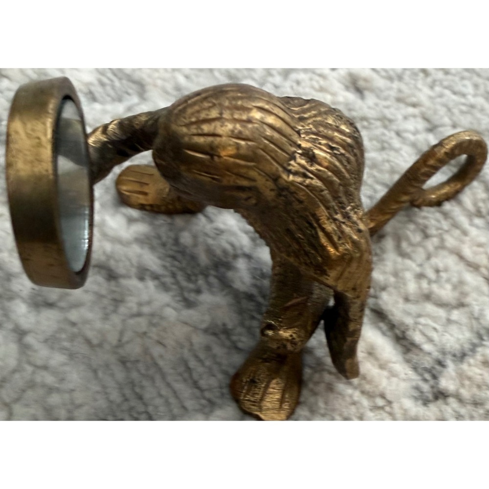 Vintage Brass Monkey Figurine with Magnifying Glass Gold Tone Desk Accessory